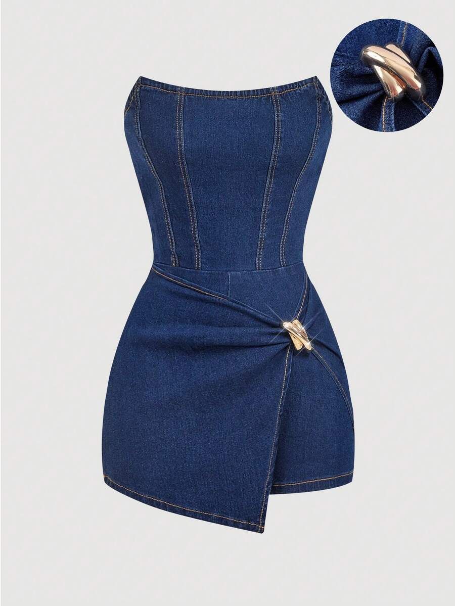 SHEIN MOD Áo liền quần denim kiểu ống lệch vạt trang trí kim loại dành cho nữ - Rửa tối - Xem 1