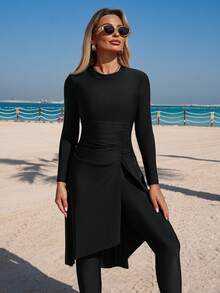 Swim Mulvari Women's New Ruched High Neck Long Sleeve Burkini Two Pieces Dress, Swimsuit With Long Pants, Middle East Beach, Cruise, Vacation, Swimming, Sun Protection, Casual Beach - Black - View 3