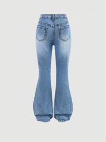 SHEIN Teen GirlFashion Personalized All-Season Versatile Black Applique 3D Embroidery, Distressed, Flared, High-Stretch Denim Jeans - Dark Wash - View 2