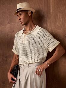 AKNOTIC Business Casual Men's Palm Tree Print Short Sleeve Polo Knit Top, Vacation Wear - Apricot - View 7