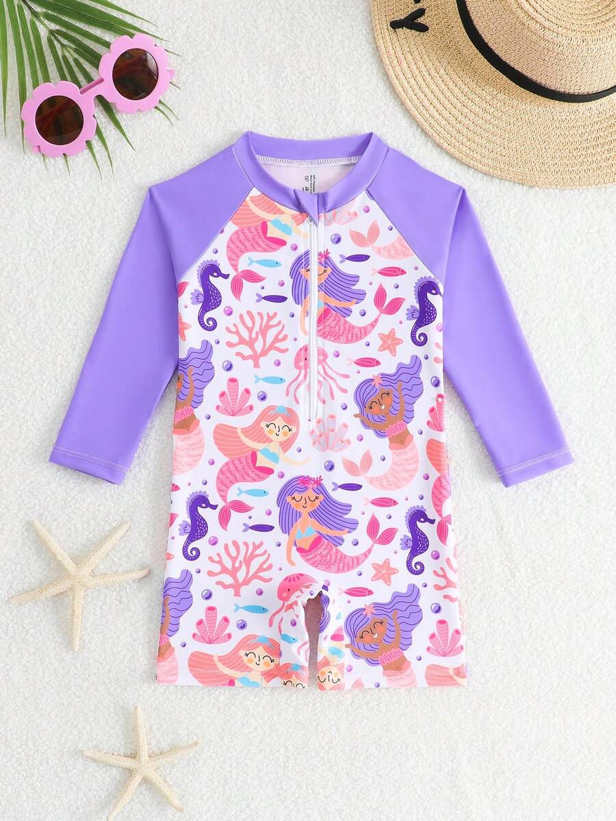 Sparklyn Bộ áo liền quần dài tay raglan in hình nàng tiên cá cho bé gái, kiểu dáng thoải mái, thích hợp đi biển. - Màu tím - Xem 1