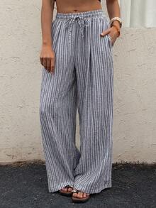 Vivie Lora 女士宽松阔腿直筒条纹亚麻裤 - 黑與白 - 查看 4