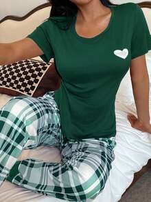 Heart Print Short Sleeve Top And Plaid Print Pants Women Pajama Set, Casual - Green - View 6