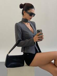 DAZY V-Neck Striped Waist Cinched Elegant Office Lady Shirt - Grey - View 6