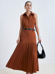 Aveloria Modichic Fashionable Design Sense Casual Pleated 2 In 1 Lapel Sleeveless Dress - Brown - View 5