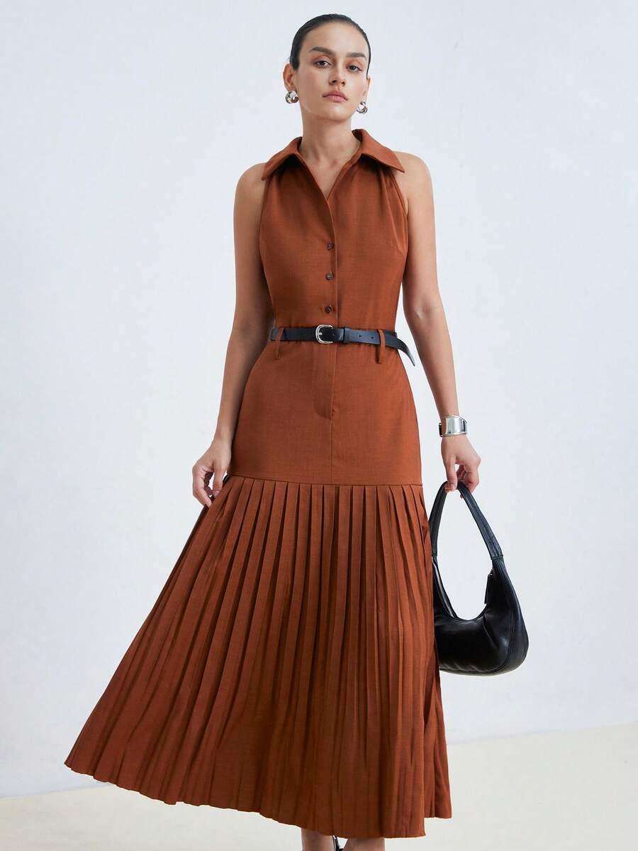 Aveloria Modichic Fashionable Design Sense Casual Pleated 2 In 1 Lapel Sleeveless Dress - Brown - View 1
