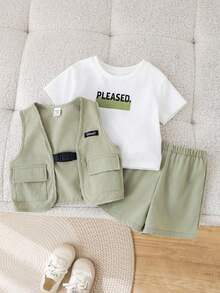 SHEIN 男婴可爱夏季街头休闲绿色背心外套三件套，白色字母图案T恤，短裤三件套 - 彩色 - 查看 5