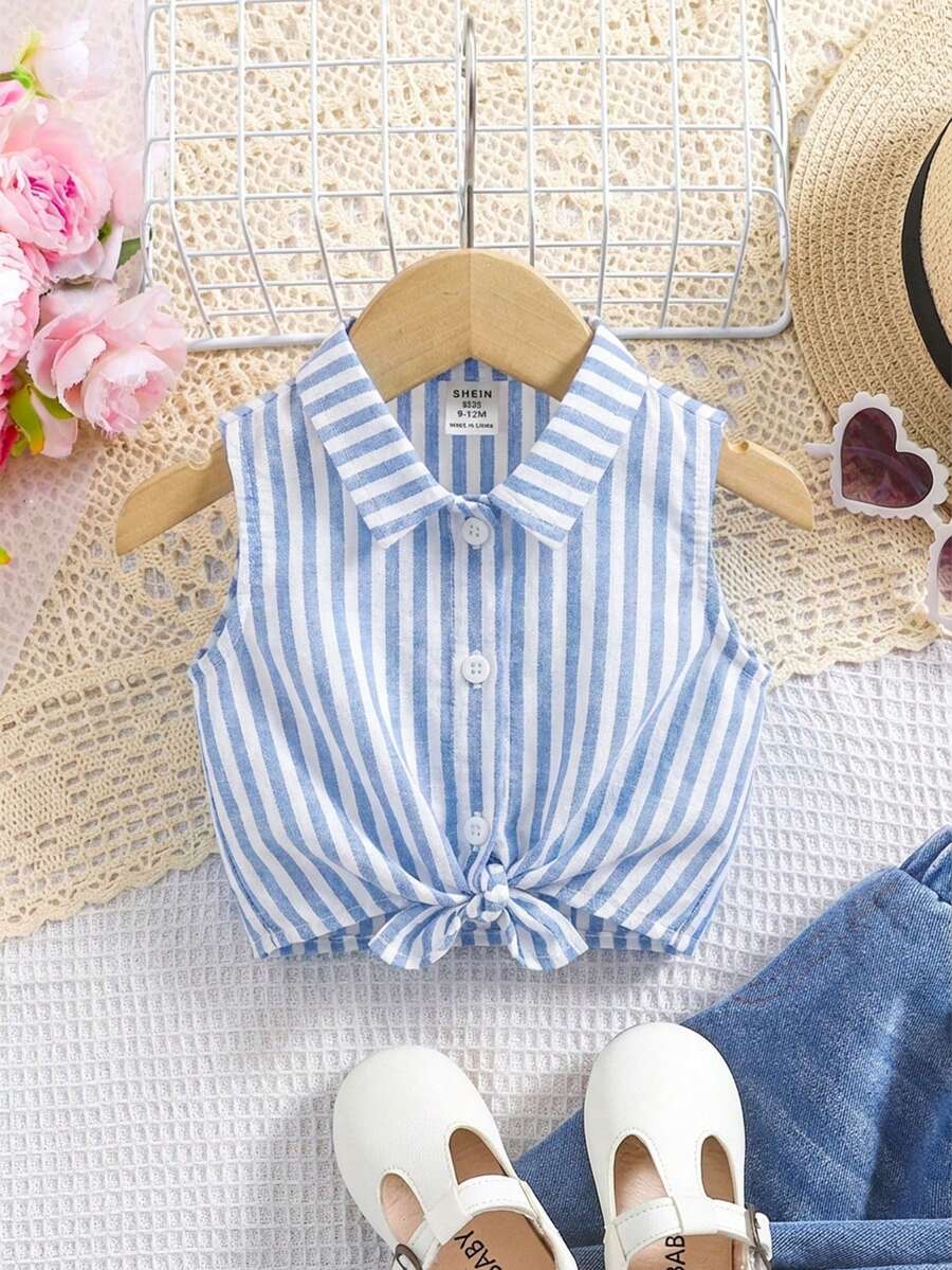 SHEIN 女童编织条纹短款休闲衬衫 - 淺藍色 - 查看 1