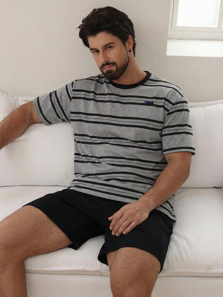 Men's Striped Top And Black Shorts Pajama Set, Summer