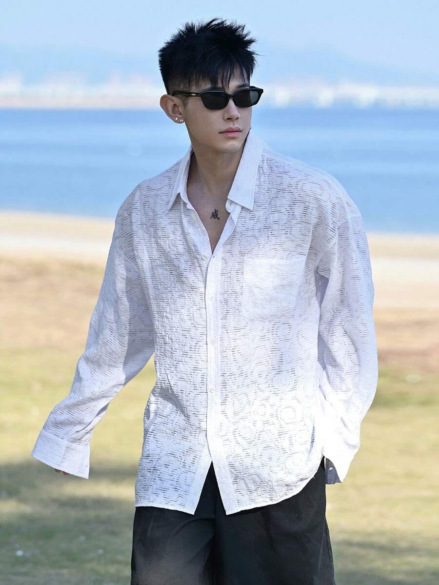 DAZY 男士纯色长袖单排扣休闲口袋衬衫，春夏款 - 白色 - 查看 1