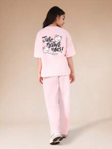 SUMWON Bear Graphic Short Sleeve T-Shirt And Wide Leg Pants Set With Motivational Text Print Casual Co-Ord - Baby Pink - View 1