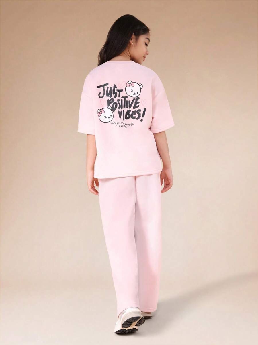 SUMWON Bear Graphic Short Sleeve T-Shirt And Wide Leg Pants Set With Motivational Text Print Casual Co-Ord - Baby Pink - View 1