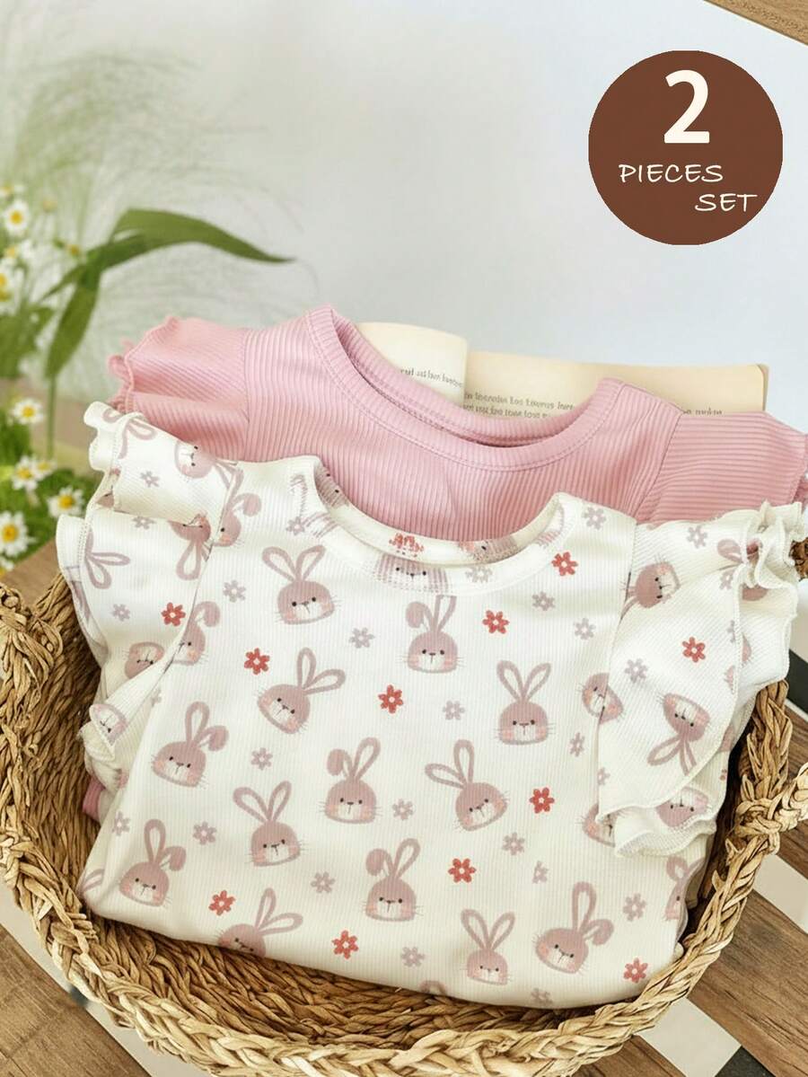 LMoss Kids 2pcs Baby Girl Cute Cartoon Print Knit Short Sleeve Bodysuit, Casual Summer Outfit Set - Multicolor - View 1