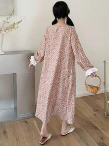 SHEIN 少女粉色碎花拼接白色领口荷叶边蝴蝶结可爱甜美公主风长袖连衣裙 - 粉色 - 查看 2