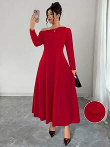 Elenzga Plus Size Red Autumn Elegant Satin Formal Soft Knit Asymmetric Shoulder Asymmetrical Hem Turtleneck Long Sleeve Waist Fit A-Line Dress For Parties - Red - View 3
