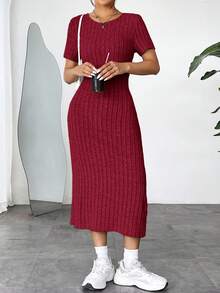 SHEIN EZwear 女士玫瑰红针织修身中长连衣裙 - 玫瑰紅 - 查看 3