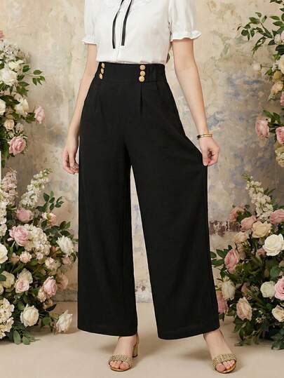 Elegant Commuter Floral Double-Breasted Straight-Leg Pants For Teen GirlVersatile For Daily Wear