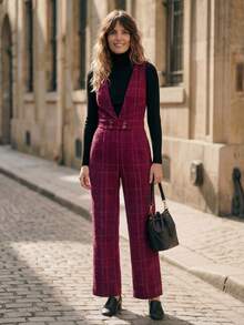 SHEIN LUNE Mono elegante de pana rojo vino con cuello en V sin mangas y ajustado a la cintura para mujer - Burdeos - Ver 5