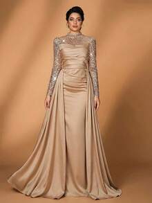 Serin 大码奢华香槟色薄纱长灯笼袖连衣裙，饰有串珠、亮片和褶皱缎面鱼尾裙摆，适合婚礼、派对、度假、舞会、新娘母亲正式礼服（装饰繁复） - 香檳色 - 查看 6