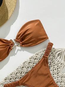 Swim Mod Pakaian Pantai Musim Semi untuk Wanita, Set Bikini 2 Potong Seksi Tanpa Tali dengan Dekorasi Logam dan Tali Ikat, Warna Polos untuk Wanita - Coklat - View 4