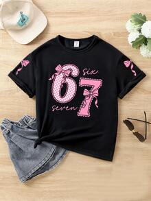 SHEIN T-shirt court décontracté de base pour filles préadolescentes, avec imprimé graphique de numéro 67, nœud en dentelle et slogan. Confortable pour le port quotidien, styles cosy pour l'été et l'automne, convient pour le printemps, l'été et l'automne - Noir - Voir 4