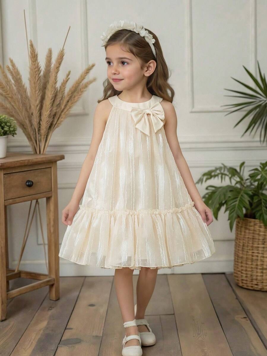 SHEIN Vintaside Kids 女童优雅公主风吊带提花刺绣双层荷叶边宽松公主裙，适合度假、旅行、派对、送礼，春秋季女童奶油色连衣裙，女童休闲连衣裙，象牙色连衣裙