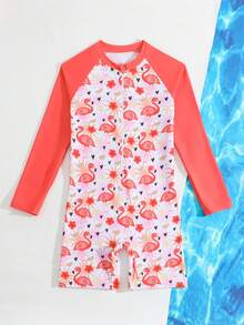 SHEIN 幼儿/小女孩可爱火烈鸟印花长袖防晒泳衣 - 彩色 - 查看 5
