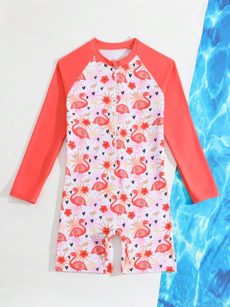 SHEIN Traje de baño con protección UV de manga larga con estampado de flamencos para niñas pequeñas/bebés - Multicolor - Añade 4