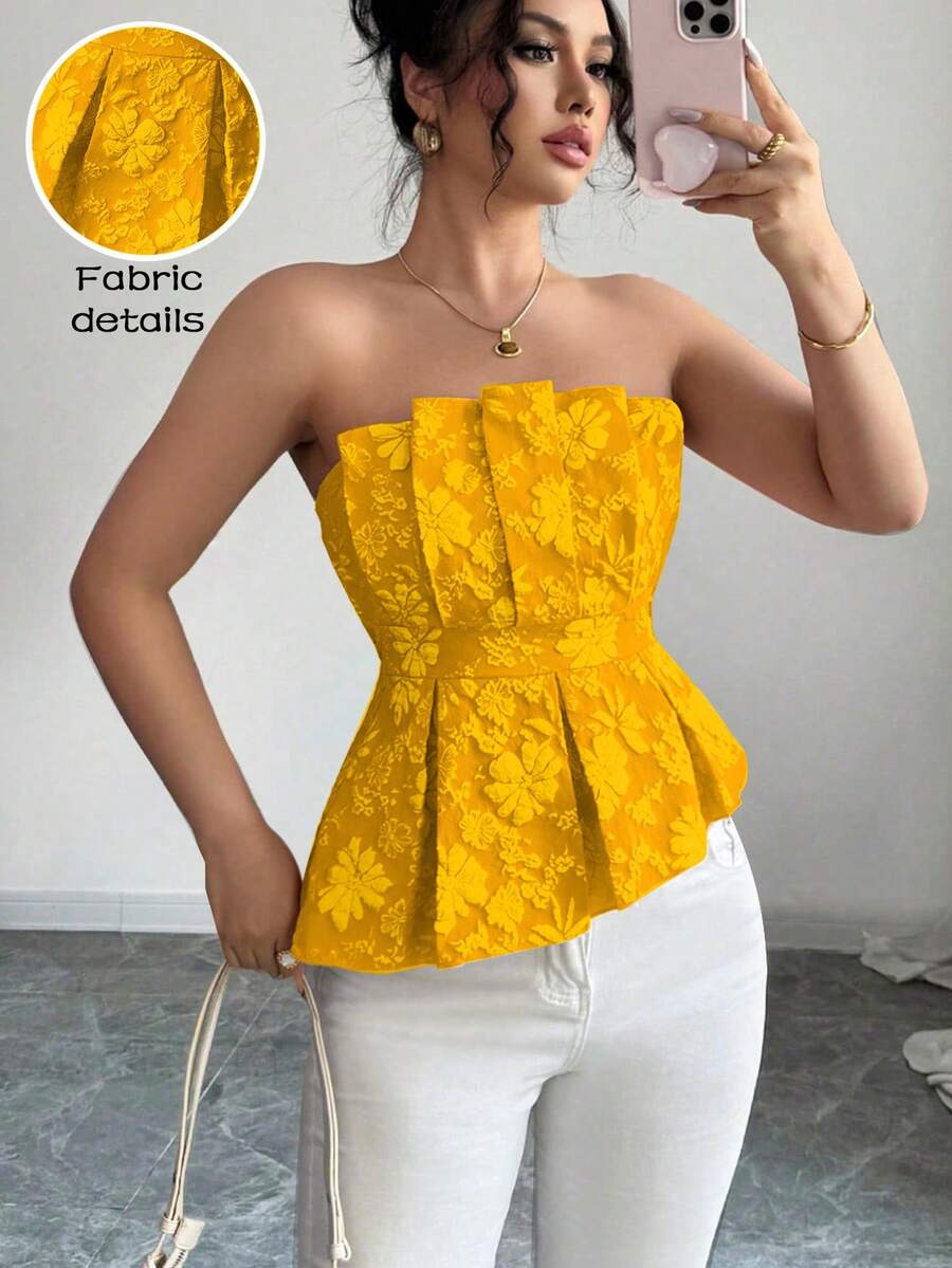 Rafferiza 女士奢华优雅花卉抹胸不对称上衣 - 黃色 - 查看 1