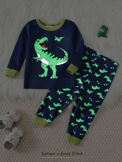 Cozy Pixies 2 piezas Conjunto de pijama de niño bebé con diseño de dinosaurio fosforescente de dibujos animados, cuello redondo de punto suave, manga larga, cintura elástica, pantalones, forro térmico grueso, adecuado para invierno
