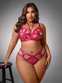 SpicyHot 2 piezas Conjunto de lencería sexy con parches de cinta - Rosa Fucsia - Ver 3