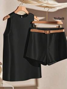 GlowEve CURVE Plus Size Women 2 Pieces Set Shiny Fabric Simple Vest And Shorts,Black Summer Smart Casual Everyday Versatile Outfit Suits For Woman Mother's Day - Black - View 1