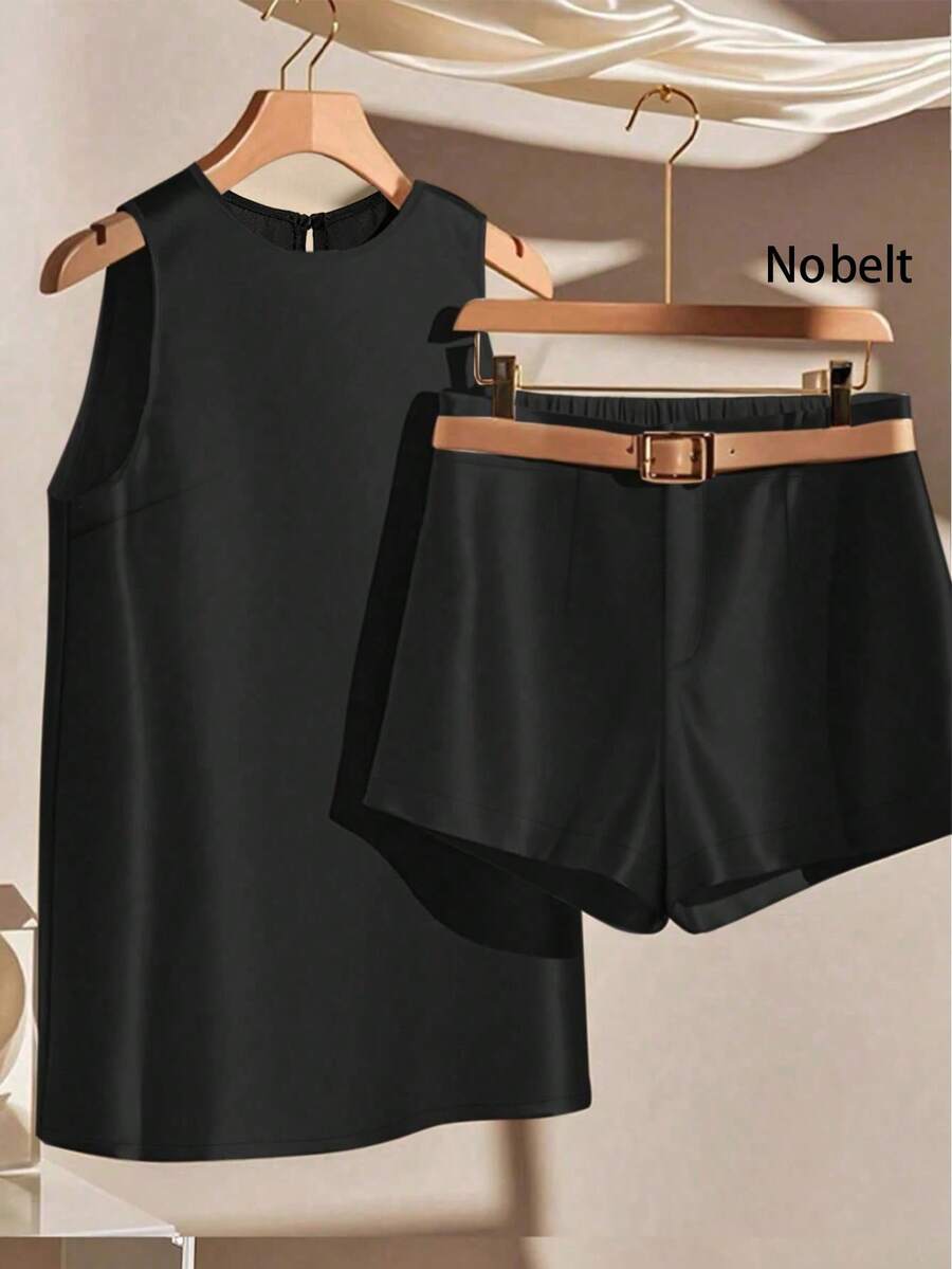 GlowEve CURVE Plus Size Women 2 Pieces Set Shiny Fabric Simple Vest And Shorts,Black Summer Smart Casual Everyday Versatile Outfit Suits For Woman Mother's Day - Black - View 1