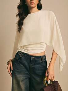 Poéselle Áo sơ mi nữ thanh lịch màu trơn cổ bẻ - Màu be - Xem 3