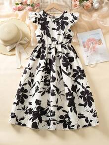 Sparklyn Girls Floral Print Pattern Flutter Sleeve Waist Cinched Dress - Multicolor - View 4