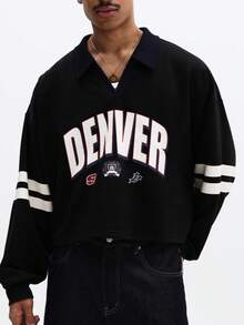 SUMWON Crop Fit Denver Varsity Style Long Sleeve Polo Shirt With Front Logo Chest Print Collared Casual Streetwear Top - Black - View 6