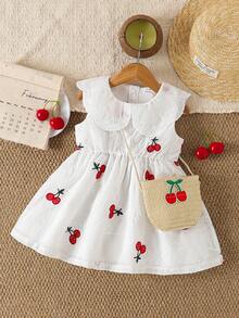SHEIN Vintaside Kids Baby Girl Cherry Embroidered Sweet Princess Dress + Matching Cherry Accessory Bag, Sleeveless, Comfortable, Fashionable Outfit For Daily Wear - White - View 4