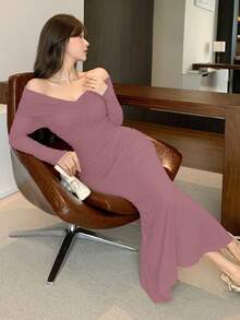 DAZY Đầm midi trễ vai xếp ly màu trơn thanh lịch dành cho nữ, đầm mùa xuân/hè. - Hồng - Xem 3