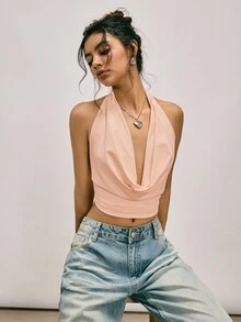 Easelle 复古西瓜粉针织露背吊带上衣，可爱露背领衬衫，Y2K 2000年代风格女装，露肩上衣 - 西瓜粉 - 查看 12