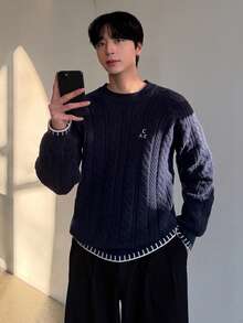 DAZY 男士春季字母提花拼接领毛衣 - 藏蓝色 - 查看 4