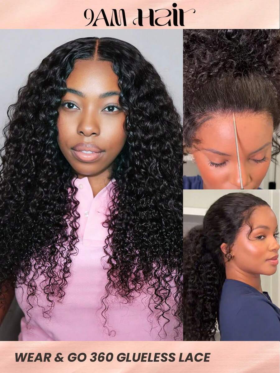 9AM Hair Store Invisi Draw-Strings Kinky Curly 360 Lace Frontal Glueless Wig With Bleached Knots Wear And Go Glueless Human Hair Wig Pre-Plucked Hairline 180% Density 14-16 Bob Inch 18-26 Regular Inch Unprocessed Virgin Hair Christmas Wigs Y2k Human Hair Wig Christmas Gifts