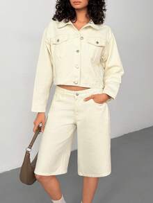 EURMUSE Spring/Summer Casual Solid Color Denim Jacket And Shorts Set Women Outfit Set Shorts Suits For Woman Denim Outfit Two Piece Set 2 Piece Denim Sets Woman Cream Two Piece Set 2 Piece Casual Sets Woman Comfortable Two Piece Set - White - View 3