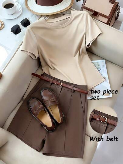 Franclia Casual And Relaxed Style, Round Neck Short-Sleeved Apricot Top With Belt And Brown Shorts, Women's Summer Two-Piece Set, Women's Summer Outfit, Women's Outdoor Top, Women's Casual Top, Women's Casual Wear, Women's Casual Suit