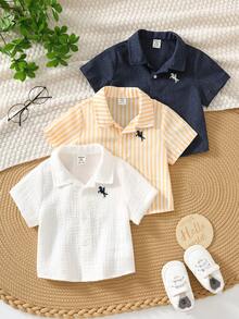 SHEIN 3件套男婴夏季休闲百搭格子、条纹、印花短袖衬衫套装，适合生日派对、锐舞派对、晚宴、演出、婚礼、迎婴派对、一周岁生日庆祝等场合。 - 彩色 - 查看 9