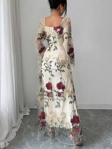 SHEIN Elenzya Đầm dài màu mơ phối lưới hoa hồng thanh lịch mùa xuân/hè mới dành cho nữ, đầm đi nghỉ mát, đầm đi biển thường ngày, thích hợp cho buổi hẹn hò ngày Valentine, tiệc tùng, gặp gỡ hàng ngày, đi chơi, đầm dự tiệc cưới. - Màu be - Xem 2