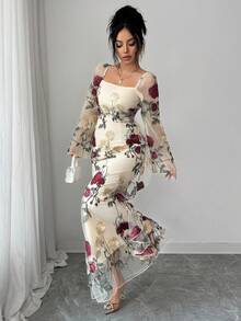 SHEIN Elenzya Đầm dài màu mơ phối lưới hoa hồng thanh lịch mùa xuân/hè mới dành cho nữ, đầm đi nghỉ mát, đầm đi biển thường ngày, thích hợp cho buổi hẹn hò ngày Valentine, tiệc tùng, gặp gỡ hàng ngày, đi chơi, đầm dự tiệc cưới. - Màu be - Xem 3