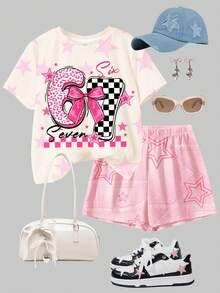 2pcs Tween Girls Casual Graphic Tee & Shorts Set, 67 Sports Number, Leopard, Checkerboard, Star Print, Relaxed Fit Short Sleeve Outfit For Spring/Summer Daily, Home, Sports, Street, Chill Chill, POV - Multicolor - View 3