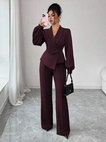 SHEIN Elenzya Bộ quần ống loe dáng chữ A, dáng suông, màu trơn, cổ bẻ không đều, thanh lịch, thoải mái khi đi làm, đi nghỉ, tiệc trà chiều dành cho nữ, phù hợp cho mùa xuân, thu, đông - Màu Tím - Xem 6