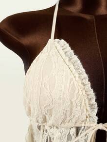 Elamini 女士蕾丝拼接露背扭结露脐短款上衣和侧系带三角比基尼两件套泳衣