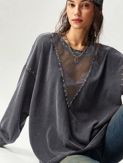 Bohemela 女士休闲纯色针织圆领宽松水洗卫衣